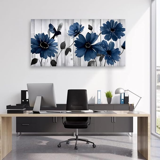 JLXART Large Blue Floral Canvas Wall Art, Modern Daisy Flower Print with Bird, Living Room Home Decor, Gray Wood Background Framed Office Home Decor Size 30 x 58 inch