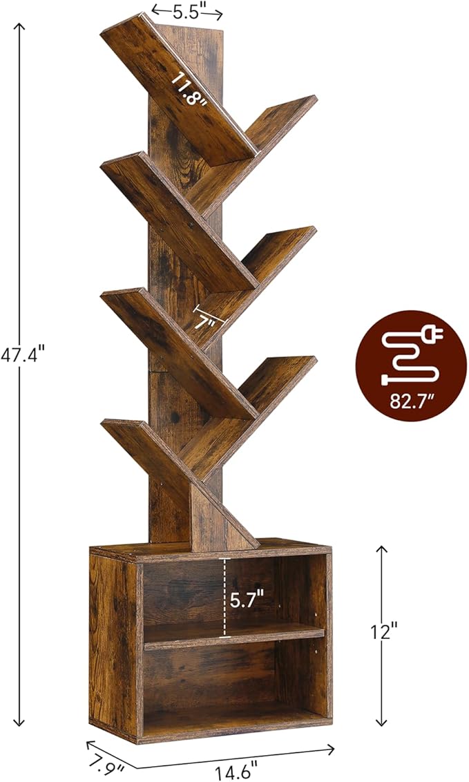 SUNMORY 6 Tier Tree Bookshelf with Lights, LED Book Tree Bookcase with Storage Organizer, Small Corner Bookshelf Floor Standing Book Shelf for Living Room, Bedroom & Home Office