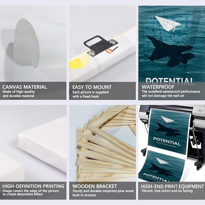 Motivational Quote Wall Art - Your Potential is Greater Inspirational Canvas Artwork Featuring White Paper Airplane in Deep Blue Ocean for Home or Office Wall Decoration Framed 18"x24"