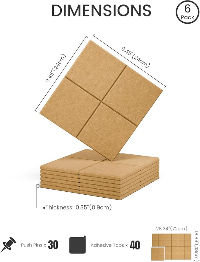 Fluxynara Felt Bulletin Board Tiles -28"x18" Cork Board Alternative for Office Decor, Push Pin Board Wall Organizer 6-Pack - Longan Tan