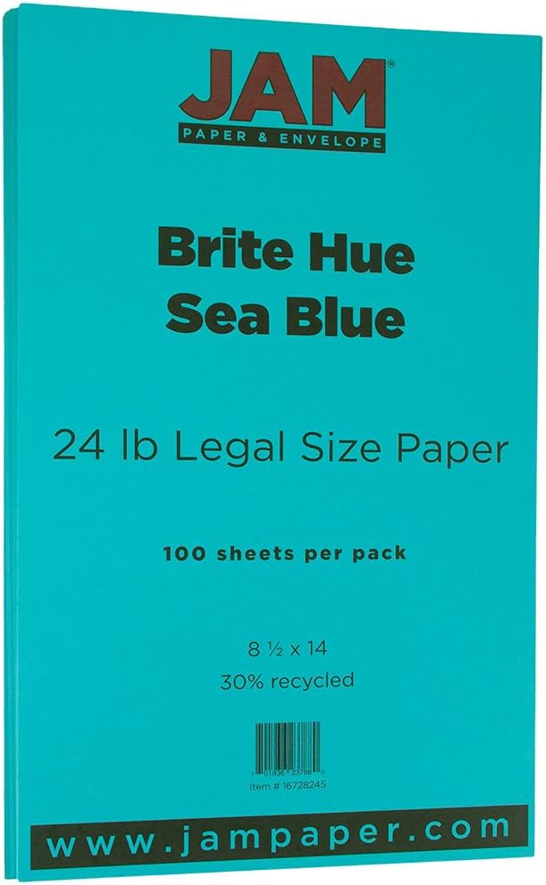 JAM PAPER Legal Colored 24lb Paper - 90 gsm - 8.5 x 14 - Sea Blue Recycled - 100 Sheets/Pack