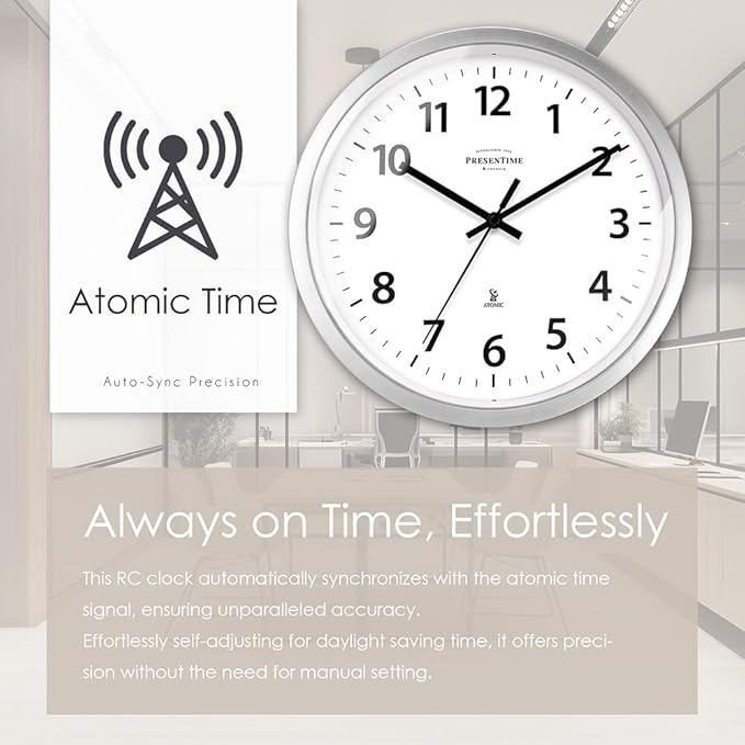 Presentime & Co 12" Atomic Wall Clock, Silent no Ticking, Automatically Sets Itself and Adjust to Daylight Saving Time by WWVB - Faux Stainless Steel Finish. (Home Office)