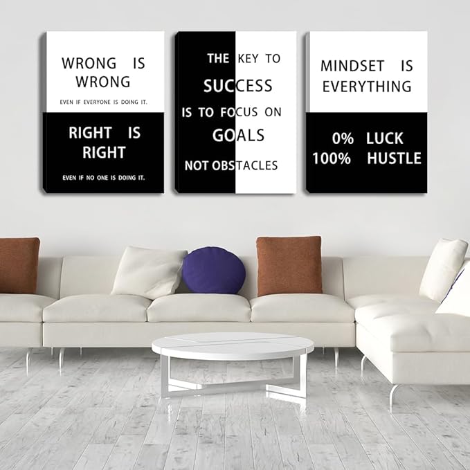 Motivational Success Wall Art Positive Mindset Quotes Prints Black Hustle Large Wall Art Inspirational Quotes Office Wall Decor Framed Wall Poster for Home Office Workplace Bedroom (48" Wx24 H)