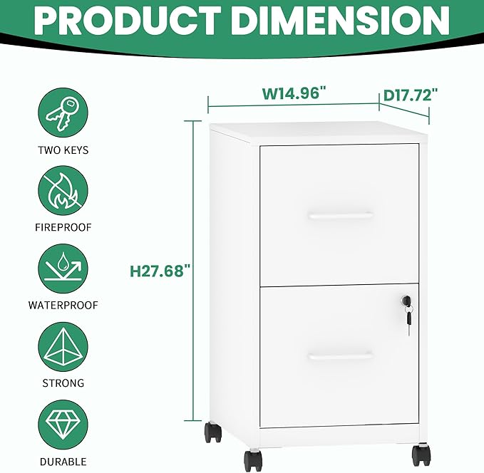 2-Drawer Mobile File Cabinet with Lock & Wheels,Under Desk File Cabinets for Home Office,Steel Rolling Cabinet for Legal/Letter Files(White)
