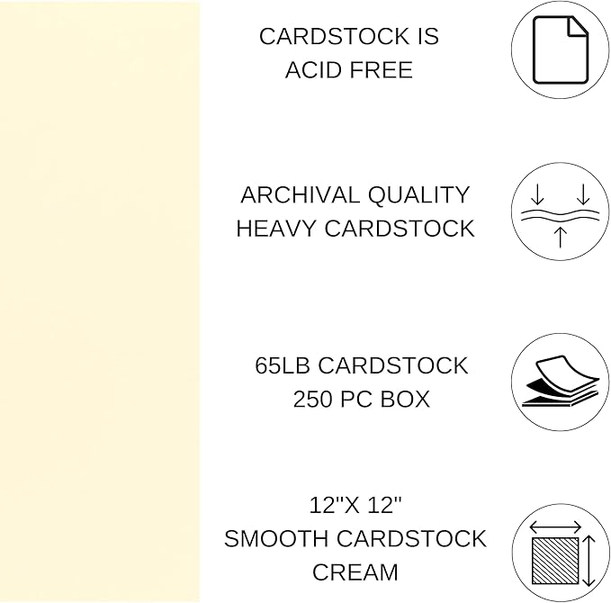 PA Paper Accents Smooth Cardstock 12" x 12" Cream, 65lb colored cardstock paper for card making, scrapbooking, printing, quilling and crafts, 250 piece box