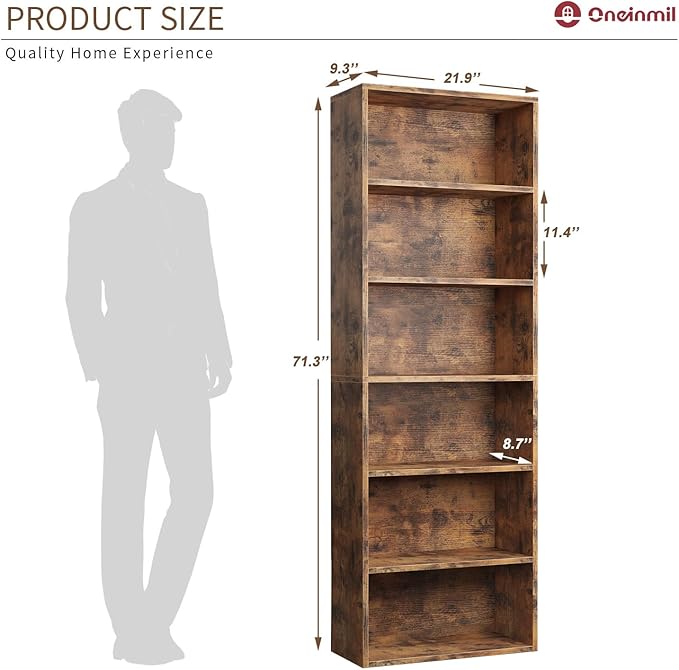 oneinmil 6 Tier Bookshelf and Bookcase, Wooden Bookshelves with Cabinet Doors, Floor Bookshelves and Office Storage Cabinets for Home Office, Living Room,Brown