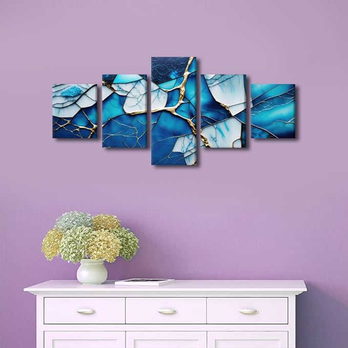 Wall Art Canvas Decor Modern Abstract Canvas Wall Art 5 Panel Home Wall Poster Ice Blue Colorful Glass Window Picture Printing for Minimalist Enthusiasts Bedroom Decor Framed Ready to Hang 50x24 in