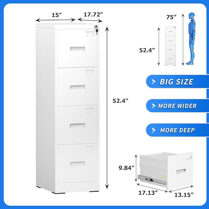 Greenvelly Metal 4 Drawer File Cabinet, Vertical File Cabinet with Lock, Locking Filing Cabinets for Home Office, Letter/Legal/A4/F4 Size/Anti-Tip (White)