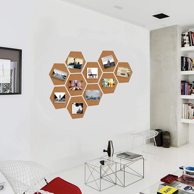 HBlife Hexagon Cork Board Tiles 10 Pack Self-Adhesive Corkboards for Wall Pin Board Decorative Bulletin Board for Office Home Kitchen with 50 Multi-Color Push Pins