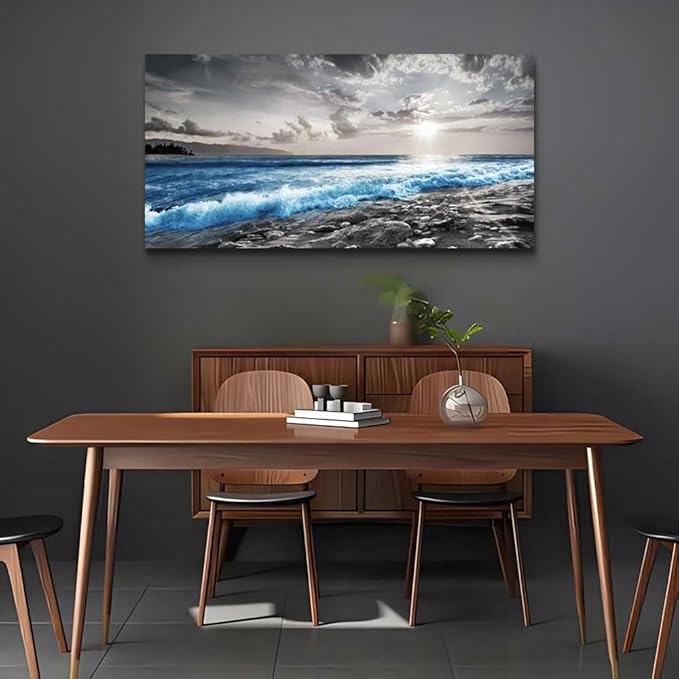 hyidecorart Wall Decor For Living Room Framed Canvas Wall Art For Office Bedroom Decorations Blue Ocean Wall Painting Black and White Beach Pictures Artwork Modern Mural Home Walls Decor
