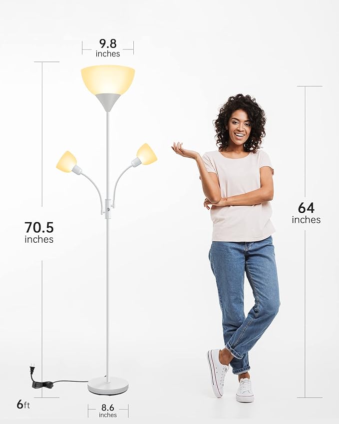 Floor Lamp, Torchiere Floor Lamps for Living Room, 71 Inch Tall Standing Lamp, Bedroom Lamps with Reading Light, Rotary Switch, 3 Plastic Lampshade, Torch Floor lamps for Bedroom (White, No Bulb)