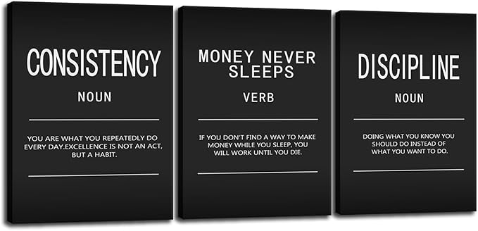 Motivational Canvas Wall Art Money Never Sleeps Verb Painting Office Decor Consistency Noun Posters Prints Inspirational Discipline Noun Picture for Wall Art Decor Home Living Room Framed[36" W X 16"