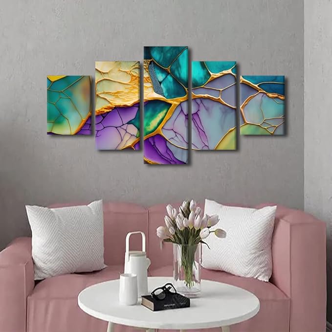Abstract Canvas Wall Art Decor Modern Living Room Wall Art Abstract Mountains Rivers Streams Picture Printing 5 Panel Home Decor for Native Americans Office Wall Decor Framed Ready to Hang 60x32 in