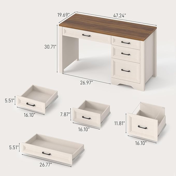 Vabches Farmhouse Executive Desk with Drawers, Home Office Desk with File Drawer, Wood Computer Desk with Ample Storage, Rustic Office Desk with Spacious Tabletop for Work, White