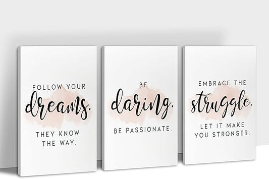 SHMAO Office Canvas Wall Art Motivational Wall Decor, 3 Piece Dreams Daring Struggle Print Pictures for Office Wall Decor Women Inspirational Framed Artwork Home Office Decor 12”x18”x3 Panels