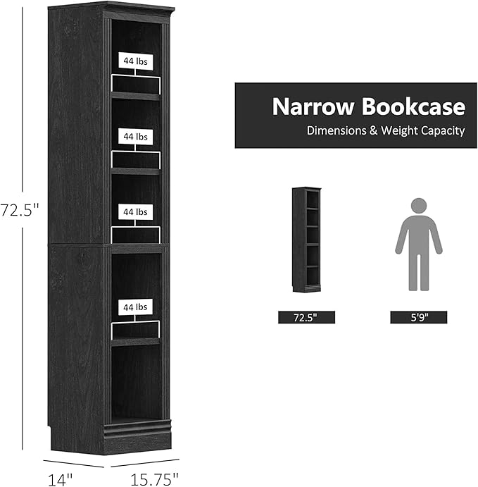 JAHRSTIM Halston Narrow Bookcase, Adjustable Storage Open Display Shelving Unit for Home and Office Space, 14”L x 15.75”W x 72.50”H, Black
