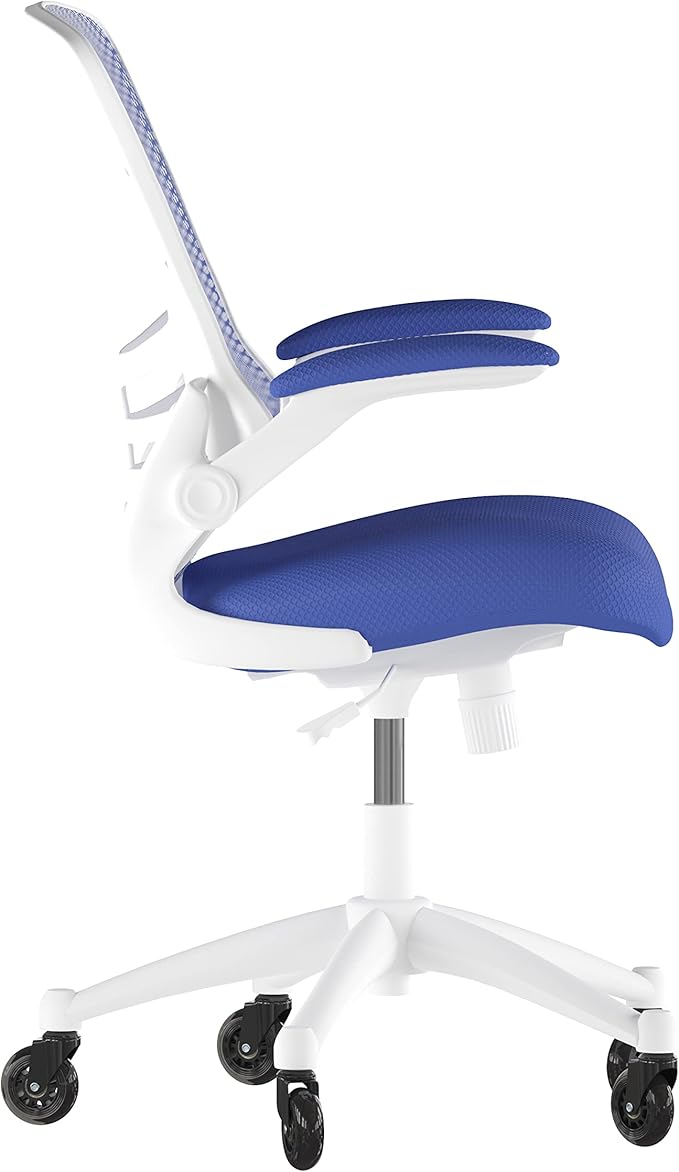 Flash Furniture Kelista Mid-Back Blue Mesh Swivel Ergonomic Task Office Chair with White Frame, Flip-Up Arms, and Transparent Roller Wheels