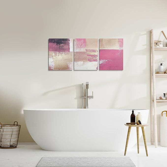 jejeloiu 12"x16"x3pcs Abstract Oil Painting Office Decorations Artwork Posters Abstract Art 3 Piece Canvas Wall Art for Living Room Bedroom Pink Modern Picture Wall Decor