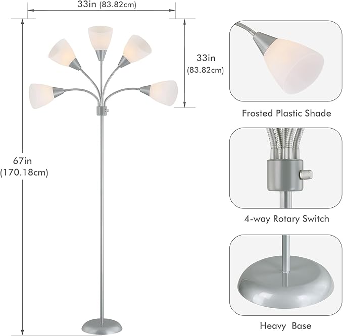 Medusa Modern Decor Floor Lamp, Multi Head Adjustable Gooseneck Bright Light Lamp for Reading, White Shades Tall Standing Tree Floor Lamp for Living Room Bedroom Office Kids Classroom, Silver