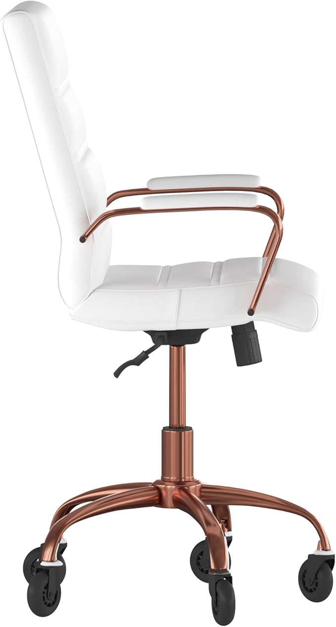 Flash Furniture Camilia Mid-Back White LeatherSoft Executive Swivel Office Chair with Rose Gold Frame, Arms, and Transparent Roller Wheels