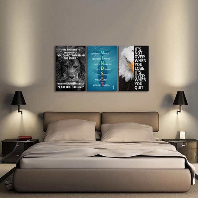 Inspirational Wall Art Office Quotes Mindset Theme Wall Decor for Eagle Lion Animal 3 Pieces Motivational Canvas Prints Framed Wall Art for Living Room Gym Inspiring Home Decor Framed[48''Wx 24''H]