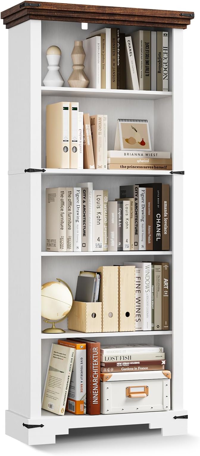5-Tier Farmhouse Bookshelf, 61.1 inch Tall Bookcase with Storage & Unique Design & One Adjustable Shelf, Wooden Bookshelf for Study Room, Living Room, Home Office, Bedroom (White)