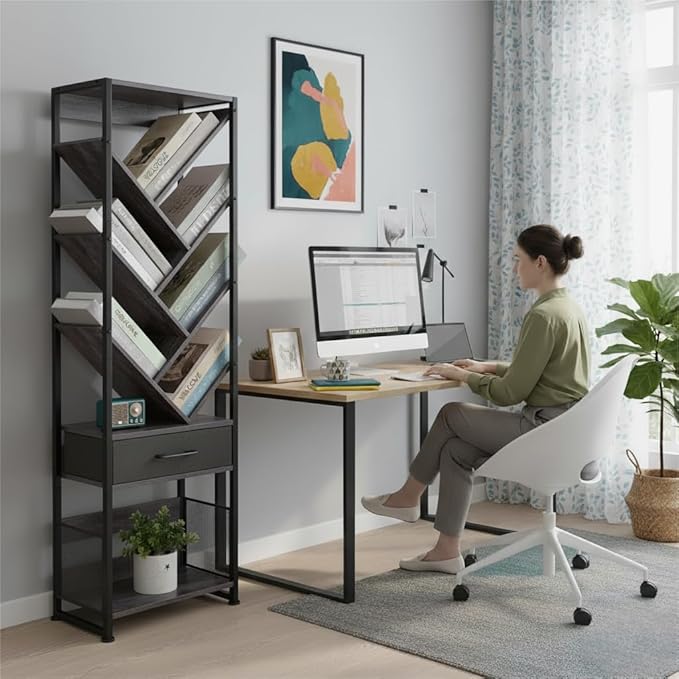Bookshelf with Drawer,10 Tier Tree Bookcase Retro Floor Standing Bookshelves,Tall Wood Bookcases with Cabinet Storage Organizer for Living Room, Bedroom & Home Office, Black