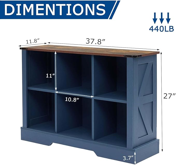 6 Cube Storage Organizer, 2 Tier Book Shelf with Led Lights, Farmhouse Book Shelves for Living Room, Horizontal Toy Storage Bookshelf, Wood Display Bookcase Cabinet for Bedroom, Office, Blue