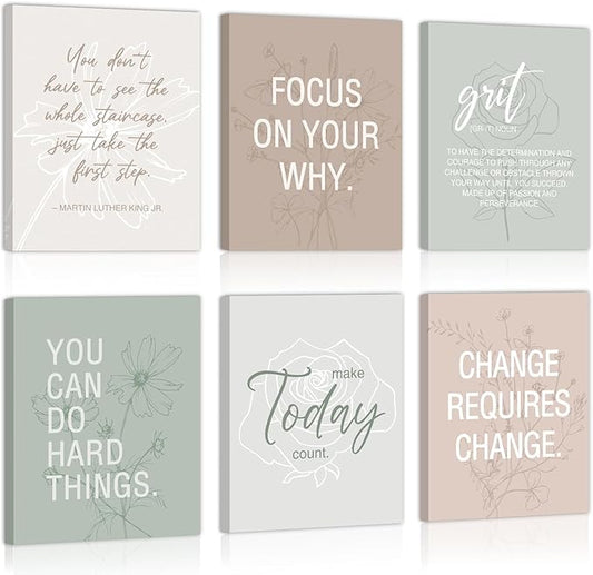 CHDITB Inspirational Framed Canvas Wall Art Set, Motivational Quotes Wall Decor, Botanical Flower Line Art, Positive Affirmation Poster, Minimalist uplifting Prints For Bedroom Office Decor 8”X10”x6