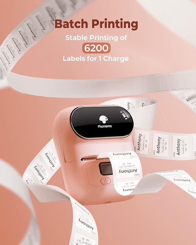 Phomemo M110 Label Maker- with 3 Packs Labels Bluetooth Portable Label Maker No Ink, Mini Barcode Label Printer for Retail, Address, Barcode, Home, for PC/Mac, iOS/Android, Baby Pink