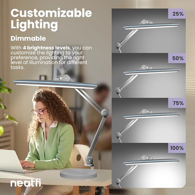 Neatfi XL 24W LED Desk Lamp with Base – 2,200 Lumens | 23” Wide Shade | Dimmable Eye-Caring Task Light | Adjustable Arm | Office, Study, Crafting & Nail Techs (Silver, Non-CCT with Base)