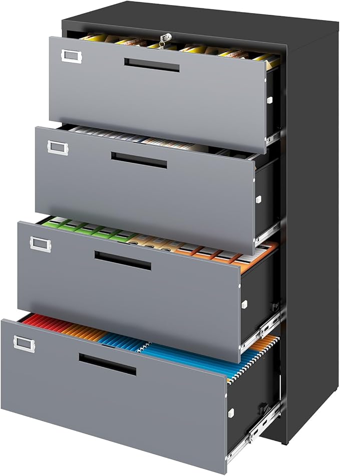 4 Drawer File Cabinet, Locking Lateral Filing Cabinet for Home Office, File Cabinets with Business Card Holder for Letter/Legal/F4/A4 Hanging Files