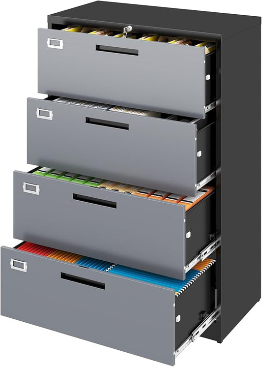 4 Drawer File Cabinet, Locking Lateral Filing Cabinet for Home Office, File Cabinets with Business Card Holder for Letter/Legal/F4/A4 Hanging Files