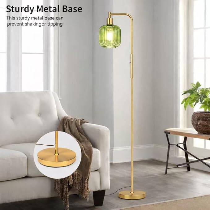 Glass Floor Lamp for Living Room, Dimmer Standing Lamp with Green Ribbed Lampshade,66” Tall Lamp & Gold Floor Lamp for Bedroom Study Room,Brushed Gold (Drum Green Glass Shade)