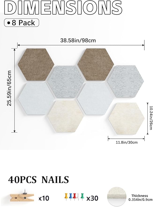 8 Pack Hexagon Felt Bulletin Board Tiles - 11.8" Large Thick Pin Board for Walls with 30 Push Pins, DIY Boards for Office Home School Decor, Aesthetic Hex Cork Board Alternative