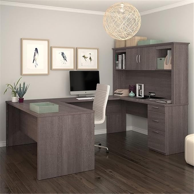 Atlin Designs Modern Wood U Shape Computer Desk with Hutch, Bark Gray Finish, 1" Scratch-Resistant Surface, File Drawer, 95.5 x 66 x 66.5 in Office Desk for Home or Professional Workspace