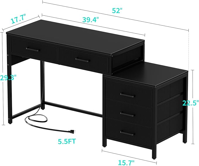 Unikito Reversible Computer Desk with 5 Drawers, Sturdy Office Desk with Power Outlets and USB Ports, Corner Writing Table with File Cabinet & Printer Stand, Vanity Desk with Storage, Black