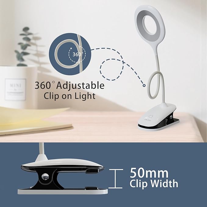 Clip On Reading Light for Bed Headboard, USB Rechargeable Clip Lamp for Dorm Room Essentials, Touch Dim, 3 Colors, Eye Protect Desk Lamp for College Dorm Room, White