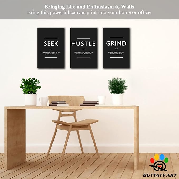 Office Wall Art - 3 Panel Motivational Wall Art, Inspirational Quotes Canvas Art for Home Office Wall Decor, Positive Quotes Wall Decor, Entrepreneur Grind Hustle Execution Poster Frame (12”x18”x3Pcs)