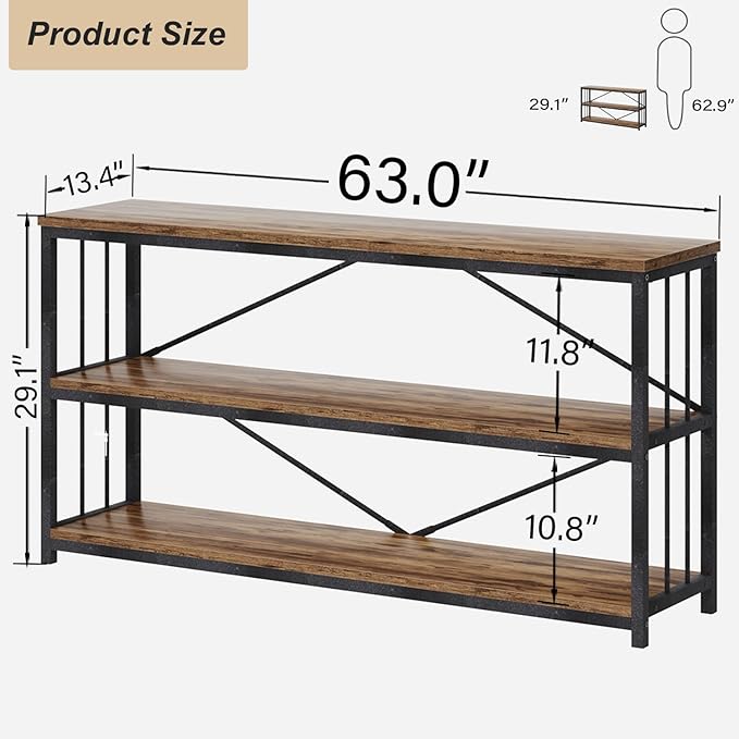 HSH Long Horizontal Bookshelf, Rustic Wood Low Etagere Bookcase for Bedroom, Industrial Metal 3 Tier Book Shelf for Living Room, Vintage Wide Open Large Bookshelves for Home Office, Brown, 63 Inch