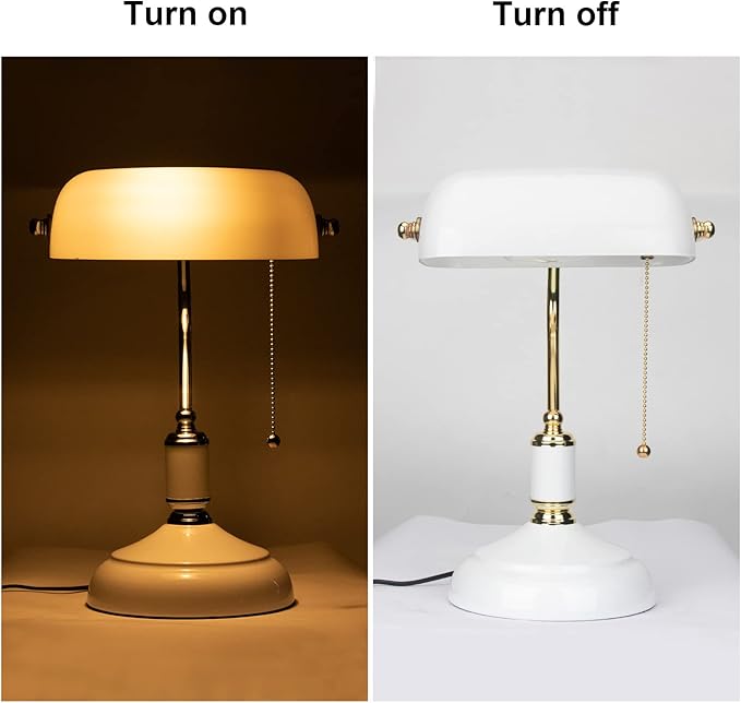 White Glass Bankers Desk Lamp, Vintage Reading Table Lamp, Classic Bedside Light with Brass Pull Chain Switch for Bedroom Home Office