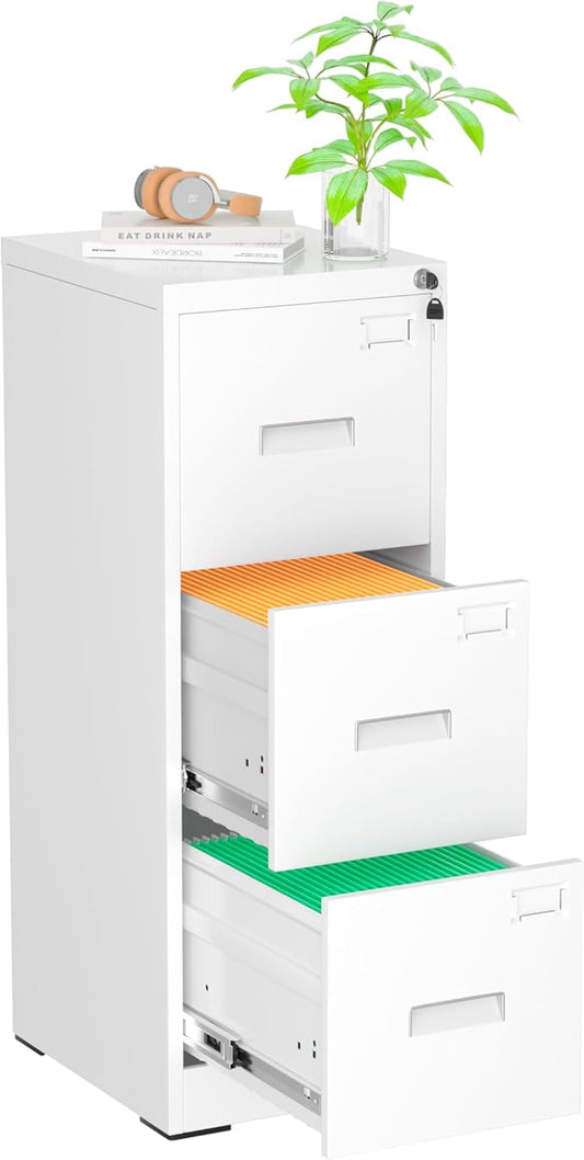 Pataku 3 Drawer File Cabinet with Lock, Sturdy Metal Vertical Filing Cabinets for Home Office, Under Desk Paperwork Storage Fully Extendable Slides Letter Legal A4 Size 18x15x41 Inches, White