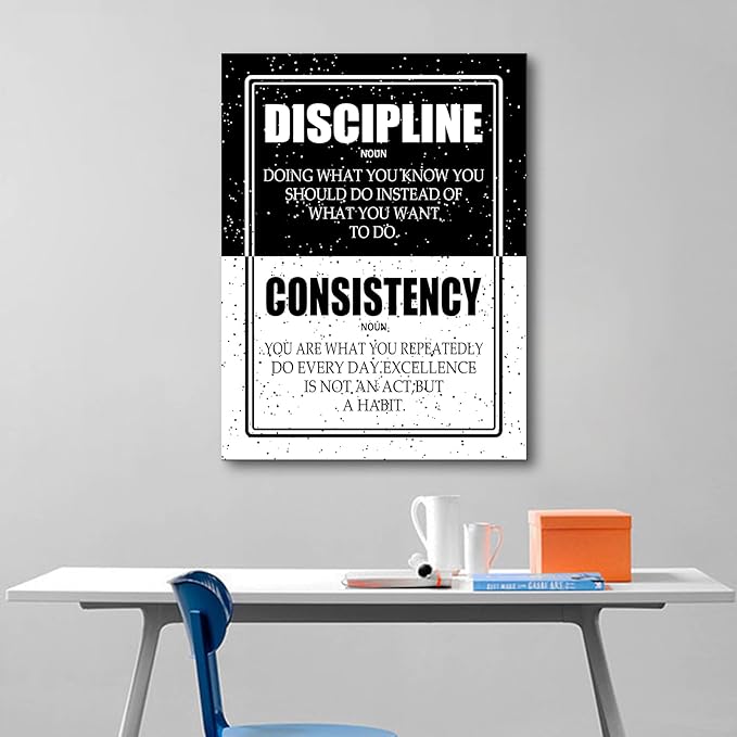 Discipline Consistency Inspirational Canvas Wall Art Motivational Positive Quote Poster Print Artwork for Home Office Room Gym Classroom Framed Ready to Hang [18''Wx24''H]