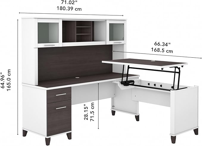 Bush Home Somerset 72W 3 Position Sit to Stand L Shaped Desk with Hutch in White and Storm Gray | Adjustable Height Table for Home Office