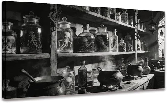 Vintage Apothecary Framed Canvas Wall Art for Office, Black White Moody Wall Decor 32" L x 16" W