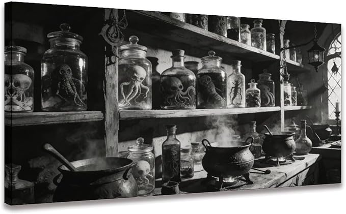 Vintage Apothecary Framed Canvas Wall Art for Office, Black White Moody Wall Decor 48" L x 24" W
