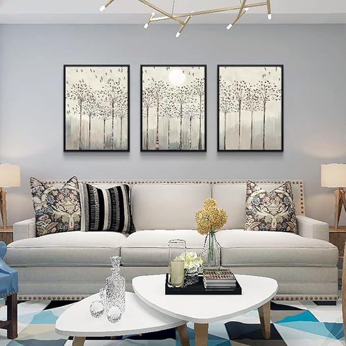 AHUASJART Trees And Birds Abstract Paintings Large Wall Decorations For Living Room Black Framed Canvas Prints Wall Art For Bedroom Wall Decor Office Artworks Pictures Sunrise And Sunset Home Decor
