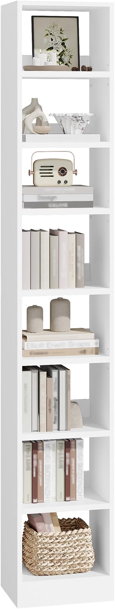Bookcase, Tall Narrow Bookshelf, Open Display Storage Shelf, Skinny Cube Book Shelf with Adjustable Shelves, CD Rack for Living Room, Home Office 8-Tier(9.4 x 11.8 x 72 inch) White BC89603X