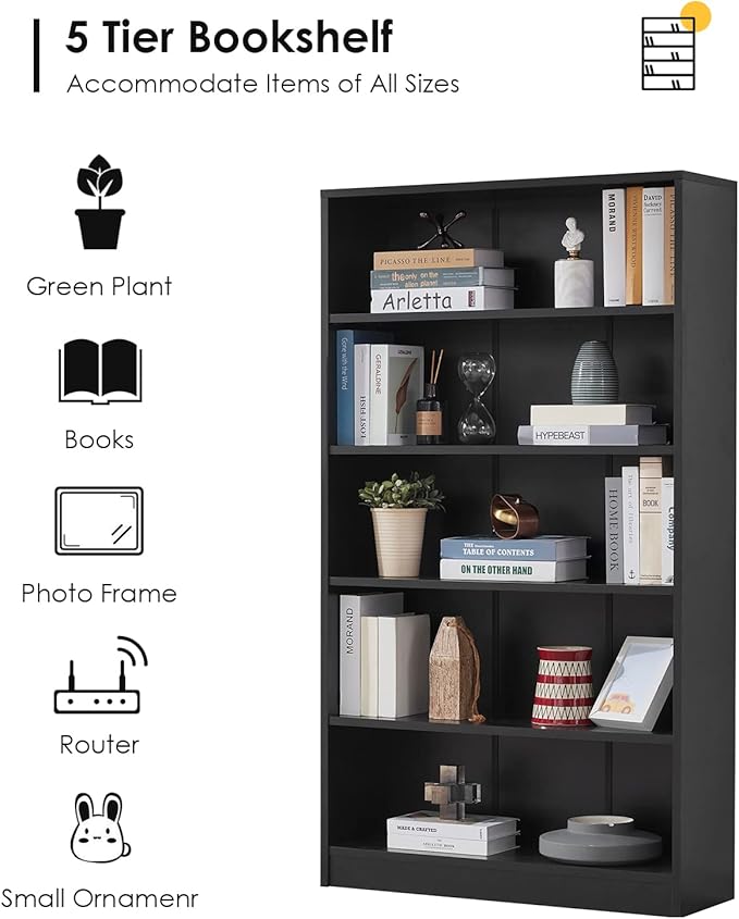 Farini Black 5 Shelf Modern Wood Bookshelf - 60 Inch Tall, Wide Manga & Bookcase for Bedroom & Living Room Library Bookcase