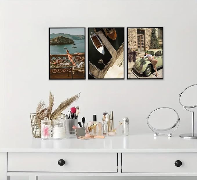 3Pcs Mediterranean Coastal Canvas Wall Art Vintage Italian Travel Photography Posters Prints Beach Vacation Lifestyle Pictures Wall Decor for Living Room Bedroom Office Home Decoration Unframed